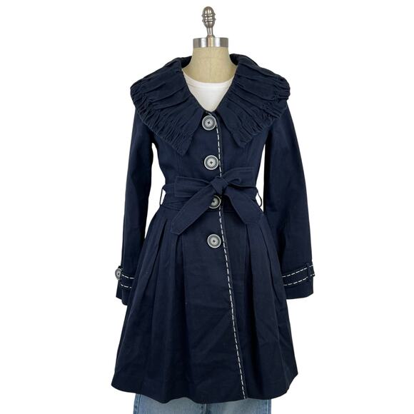 Nick and Mo Peter Pan Collared Button Front Navy Blue Tie Waist Long Jacket (M) - Picture 2 of 14